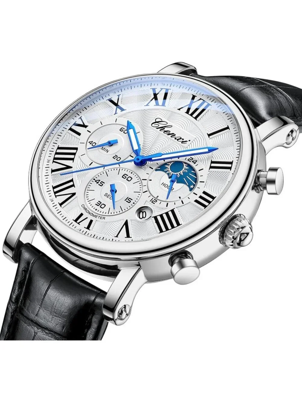 Men's Black And White Leather Multifunctional Military Analog Chronograph Watch
